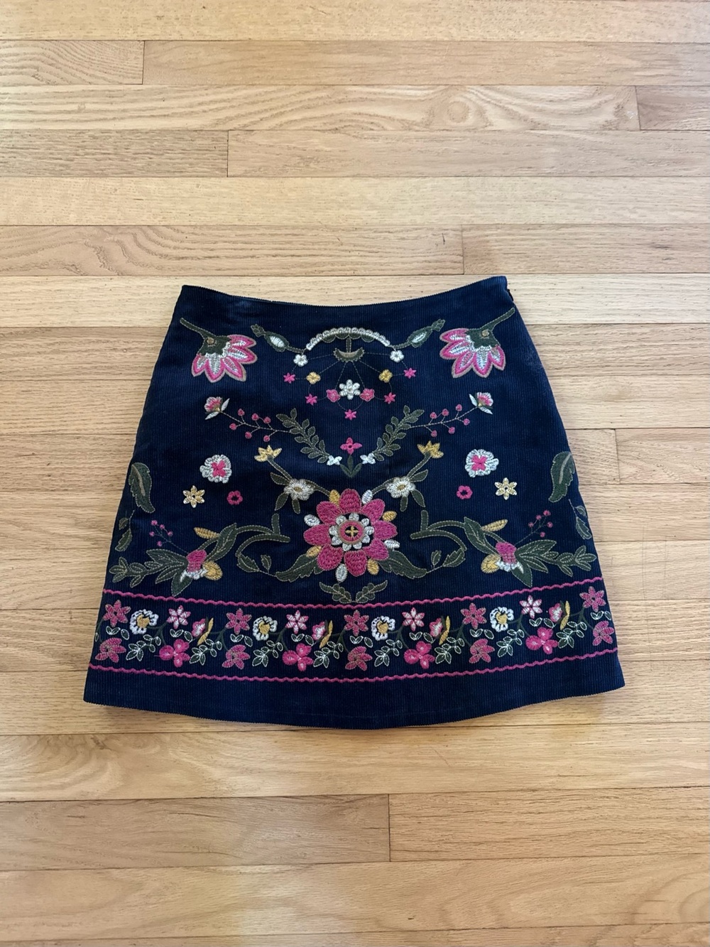 Harper Navy Corduroy Skirt with Pink & Green Floral Embroidery
